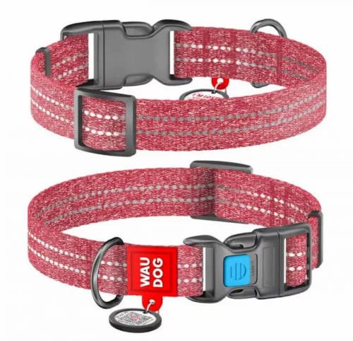 WAUDOG nyakörv, QR kódos, műanyag csattal,újrahasznosított pamutból ( 20mm széles, 24-40cm) piros